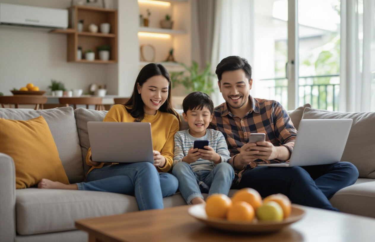 Hình Ảnh Gia Đình Người Việt Đang Tận Hưởng Kết Nối Internet Tốc Độ Cao, Xem Phim Trực Tuyến Và Học Tập Online Mượt Mà