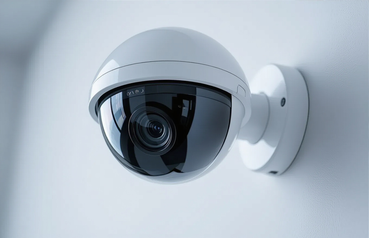 Một Chiếc Camera An Ninh Hiện Đại, Nhỏ Gọn Gắn Trên Tường Màu Trắng, Ống Kính Quay Về Phía Trước, Thể Hiện Khả Năng Gi
