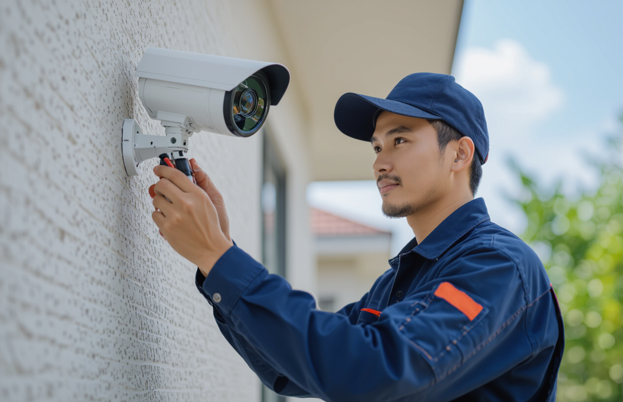 Kỹ Thuật Viên Chuyên Nghiệp Người Việt Nam Đang Tỉ Mỉ Lắp Đặt Camera Giám Sát Trên Cao Tại Một Góc Tường Bên Ngoài Ngô