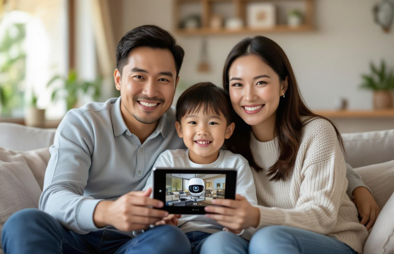 Gia Đình Người Việt Đang Vui Vẻ Xem Lại Cảnh Quay Từ Camera Giám Sát Trên Màn Hình Máy Tính Bảng, Thể Hiện Sự An Tâm V