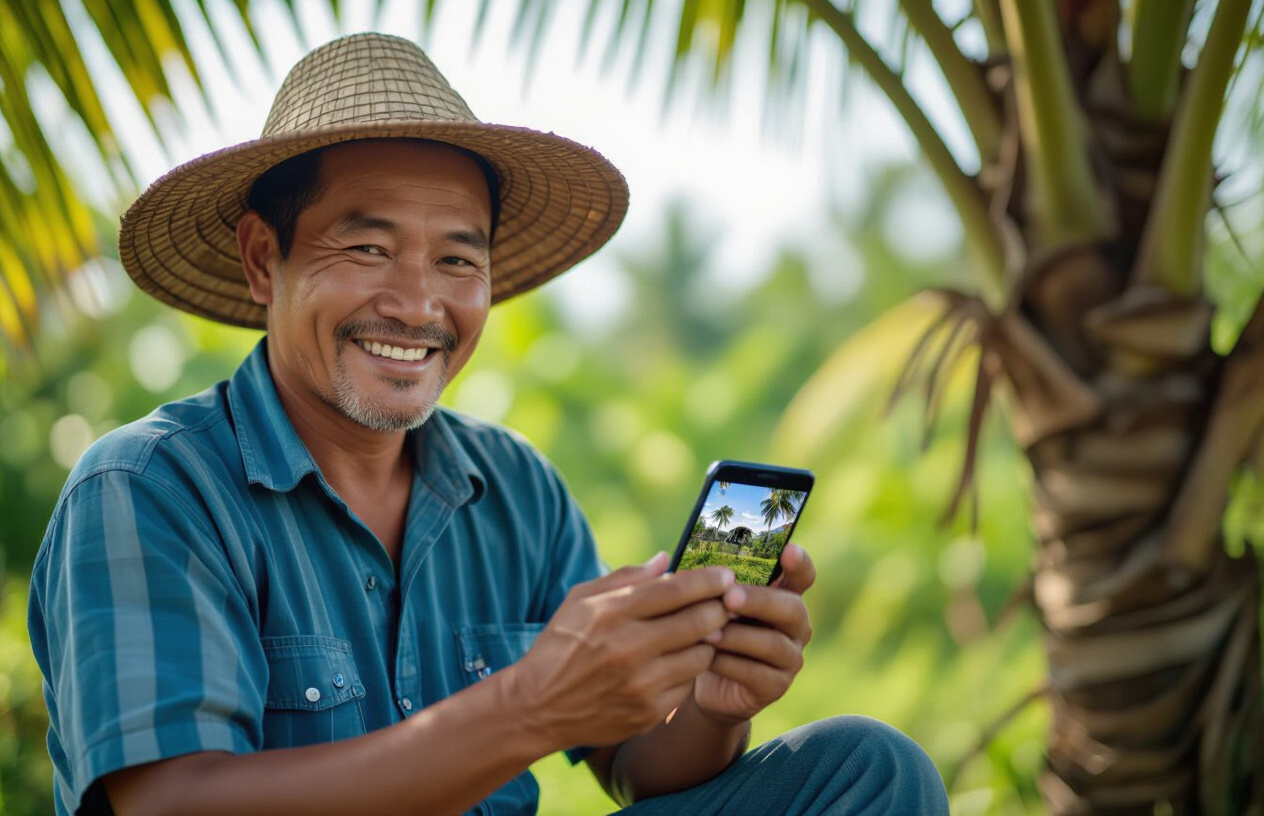 Người Nông Dân Bến Tre Theo Dõi Vườn Dừa Qua Ứng Dụng Điện Thoại Tiện Lợi.