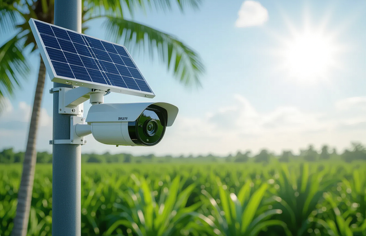 Hình Ảnh Một Hệ Thống Camera Năng Lượng Mặt Trời Hiện Đại Lắp Đặt Tại Vườn Dừa Bến Tre.