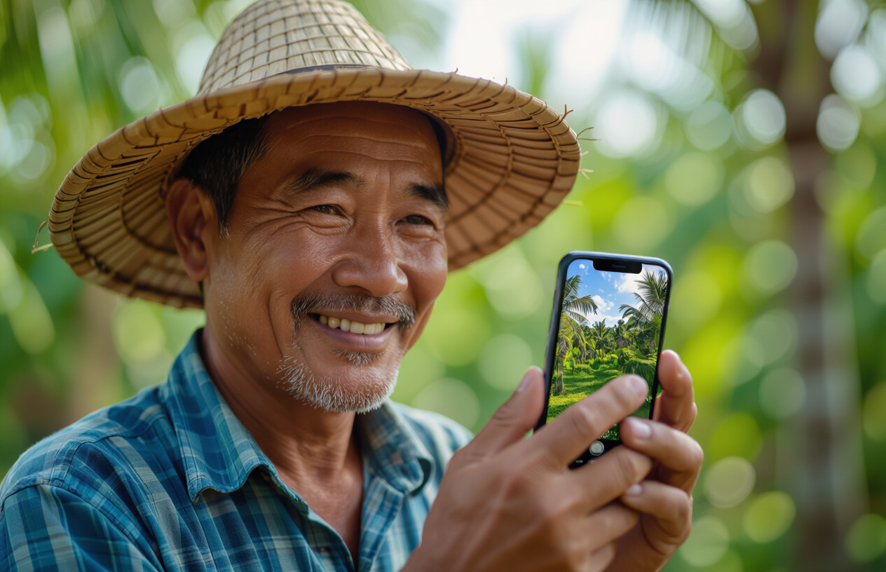 Một Người Nông Dân Bến Tre Đang Vui Vẻ Kiểm Tra Hình Ảnh Camera Trên Điện Thoại Thông Minh.
