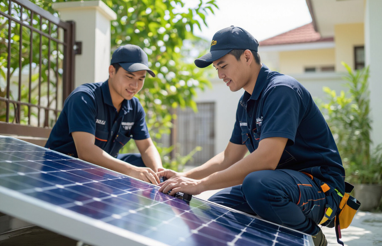 Các Kỹ Thuật Viên Của Máy Tính Bến Tre Đang Lắp Đặt Đèn Năng Lượng Mặt Trời Một Cách Chuyên Nghiệp.