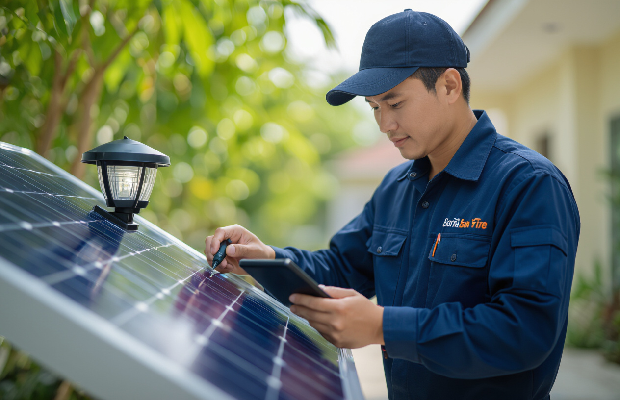 Kỹ Thuật Viên Của Máy Tính Bến Tre Đang Kiểm Tra Hệ Thống Đèn Năng Lượng Mặt Trời.