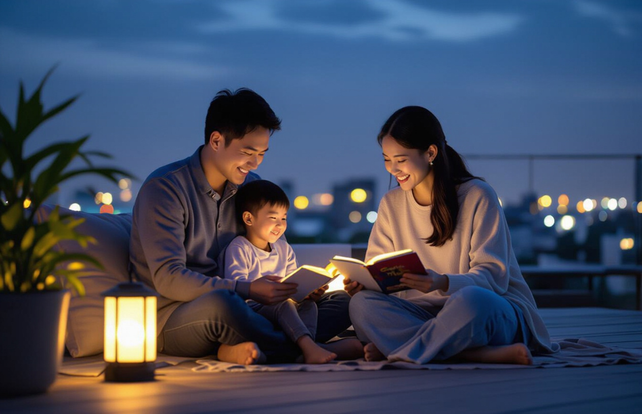 Gia Đình Việt Nam Tận Hưởng Không Gian Sân Thượng Sáng Đẹp Nhờ Đèn Năng Lượng Mặt Trời.