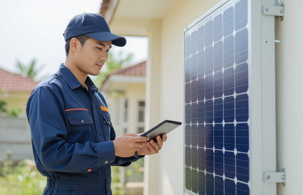 Kỹ Thuật Viên Máy Tính Bến Tre Kiểm Tra Đèn Năng Lượng Mặt Trời