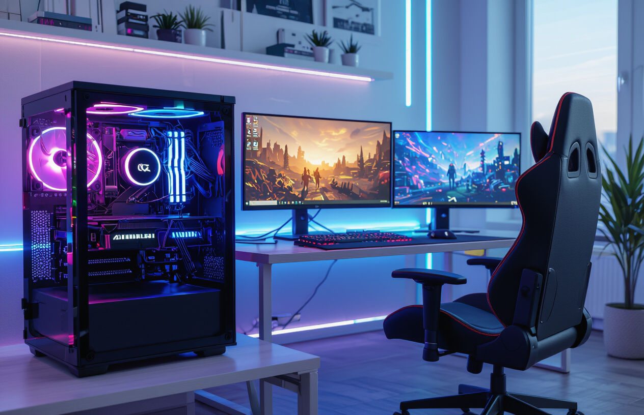 Một Dàn Pc Gaming Tùy Chỉnh Siêu Mạnh Với Ánh Sáng Rgb Rực Rỡ Trong Không Gian Hiện Đại.