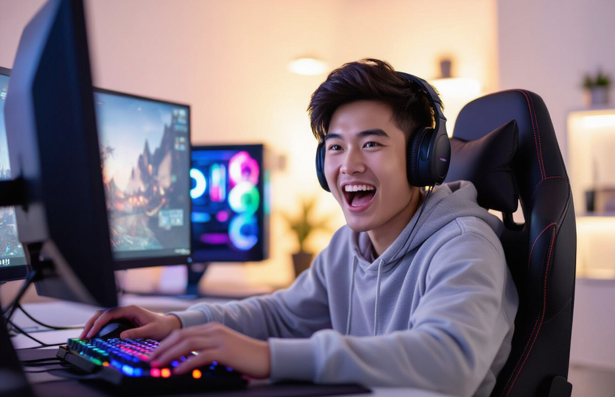 Một Game Thủ Việt Nam Trẻ Tuổi Đang Vui Vẻ Trải Nghiệm Tựa Game Yêu Thích Trên Dàn Pc Gaming Mới Lắp Ráp.