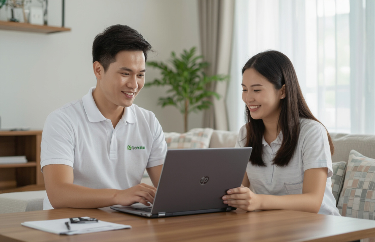 Kỹ Thuật Viên Máy Tính Bến Tre Đang Kiểm Tra Laptop Hp Chậm Cho Khách Hàng Tại Nhà Giồng Trôm.