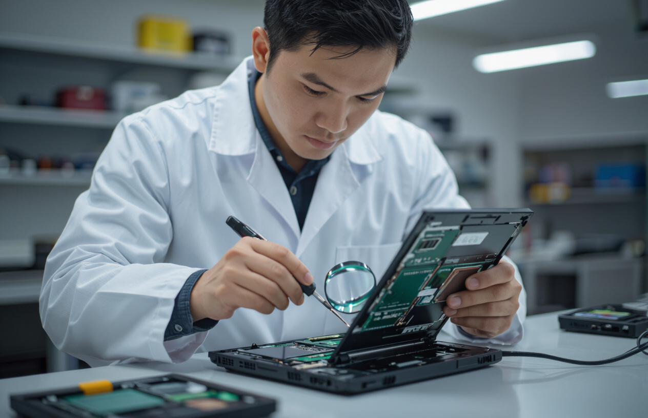 Kỹ Thuật Viên Kiểm Tra Bên Trong Laptop Để Khắc Phục Lỗi Card Đồ Họa