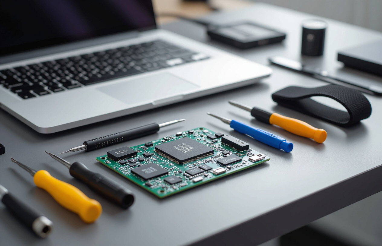 Các Dụng Cụ Chuyên Dụng Và Linh Kiện Laptop Được Sắp Xếp Gọn Gàng Trên Bàn Sửa Chữa.