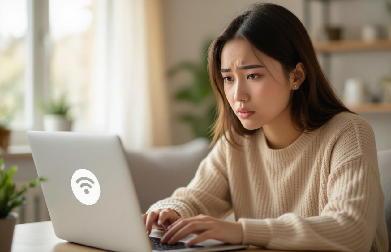 Người Phụ Nữ Việt Nam Trẻ Tuổi Cau Mày Nhìn Vào Màn Hình Laptop Với Biểu Tượng Lỗi Mạng.