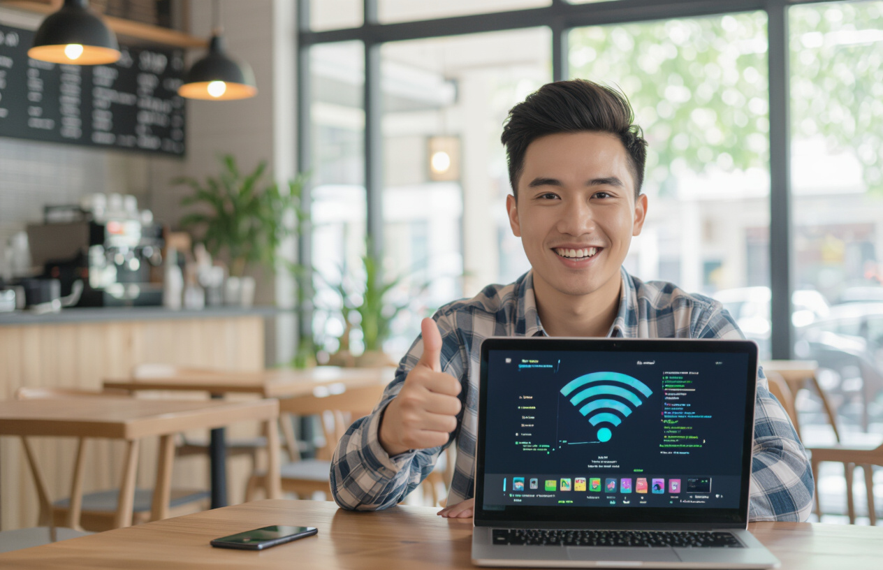 Người Đàn Ông Việt Nam Trẻ Tuổi Mỉm Cười Và Giơ Ngón Cái Trong Khi Sử Dụng Laptop Có Kết Nối Internet Ổn Định.