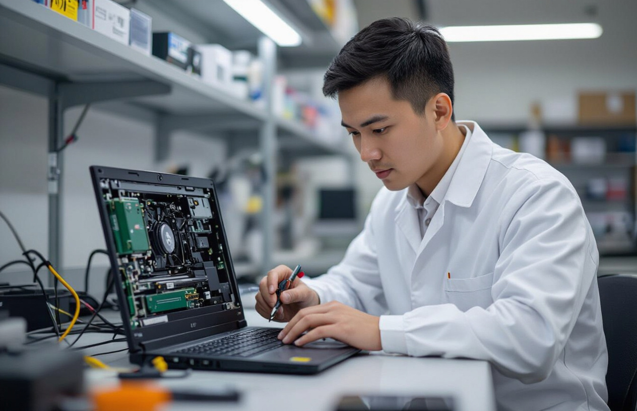 Kỹ Thuật Viên Máy Tính Bến Tre Đang Kiểm Tra Laptop Chuyên Nghiệp