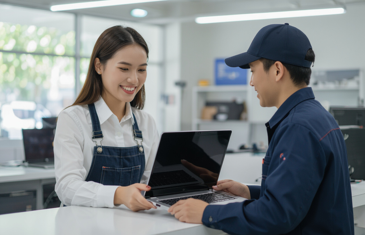 Khách Hàng Vui Vẻ Nhận Lại Laptop Đã Sửa Chữa Từ Kỹ Thuật Viên