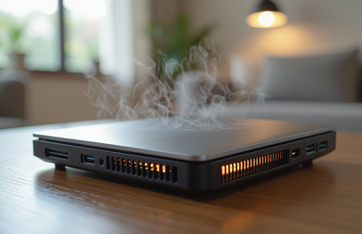 Hình Ảnh Laptop Đang Hoạt Động Nóng Với Khói Nhẹ Bốc Ra Từ Khe Tản Nhiệt.