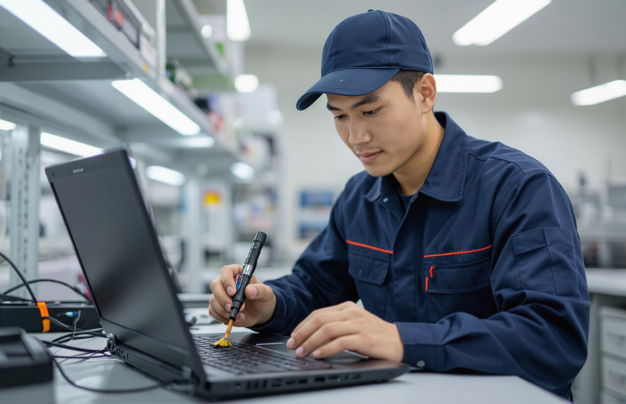 Kỹ Thuật Viên Chuyên Nghiệp Đang Vệ Sinh Bên Trong Một Chiếc Laptop.