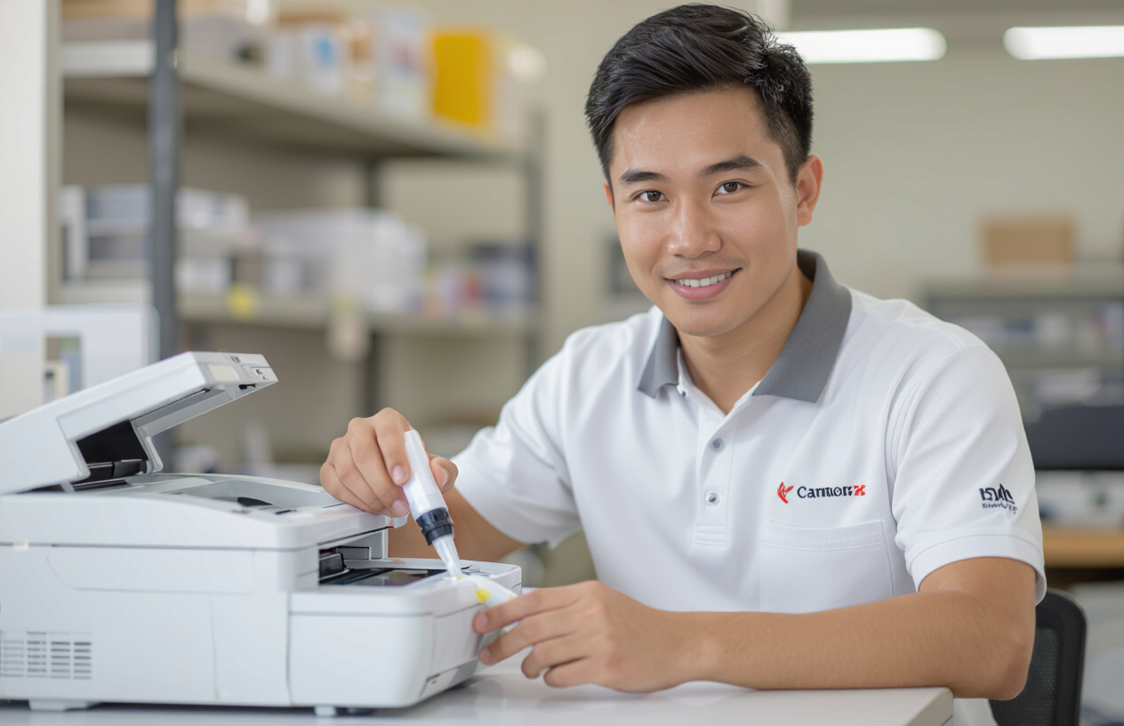 Kỹ Thuật Viên Chuyên Nghiệp Tại Máy Tính Bến Tre Đang Vệ Sinh Đầu Phun Máy In