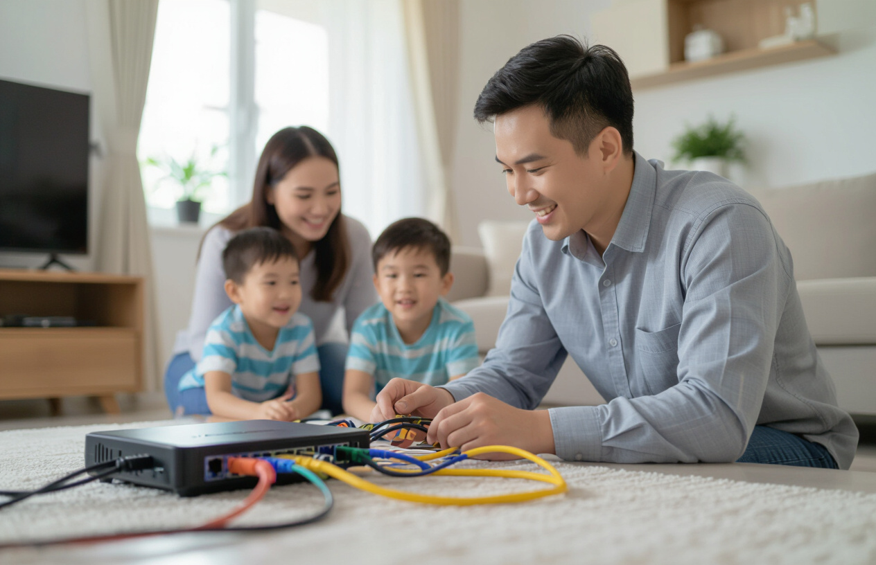 Kỹ Thuật Viên Máy Tính Bến Tre Đang Kiểm Tra Cáp Mạng Và Router Tại Nhà Khách Hàng Ở Bến Tre.