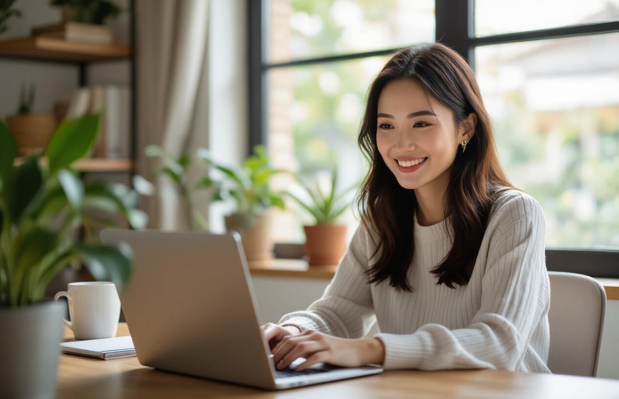 Người Phụ Nữ Việt Nam Tươi Cười Làm Việc Trên Máy Tính Xách Tay Với Kết Nối Mạng Ổn Định.