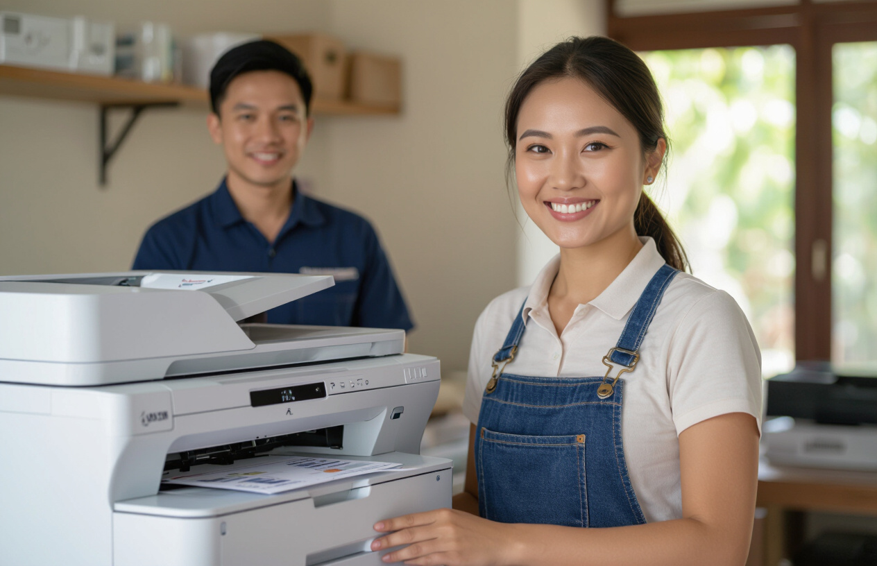 Khách Hàng Nữ Tại Bến Tre Vui Vẻ Khi Máy In Được Sửa Xong Bởi Kỹ Thuật Viên.