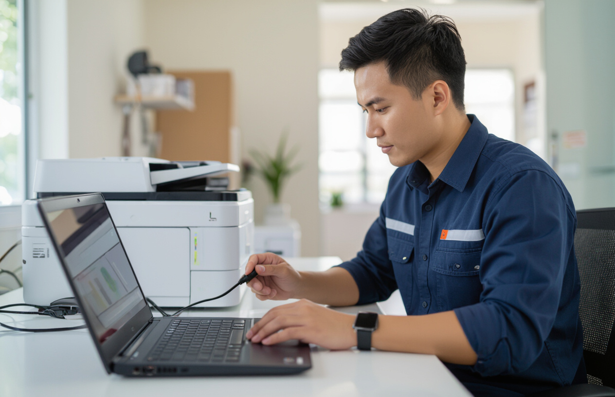 Một Kỹ Thuật Viên Nam Trẻ Tuổi Đang Kiểm Tra Kết Nối Cáp Máy In Với Laptop Tại Bàn Làm Việc.