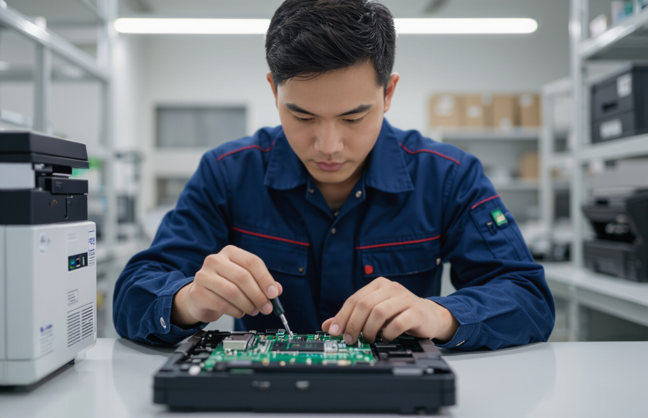 Kỹ Thuật Viên Đang Kiểm Tra Bảng Mạch Máy In