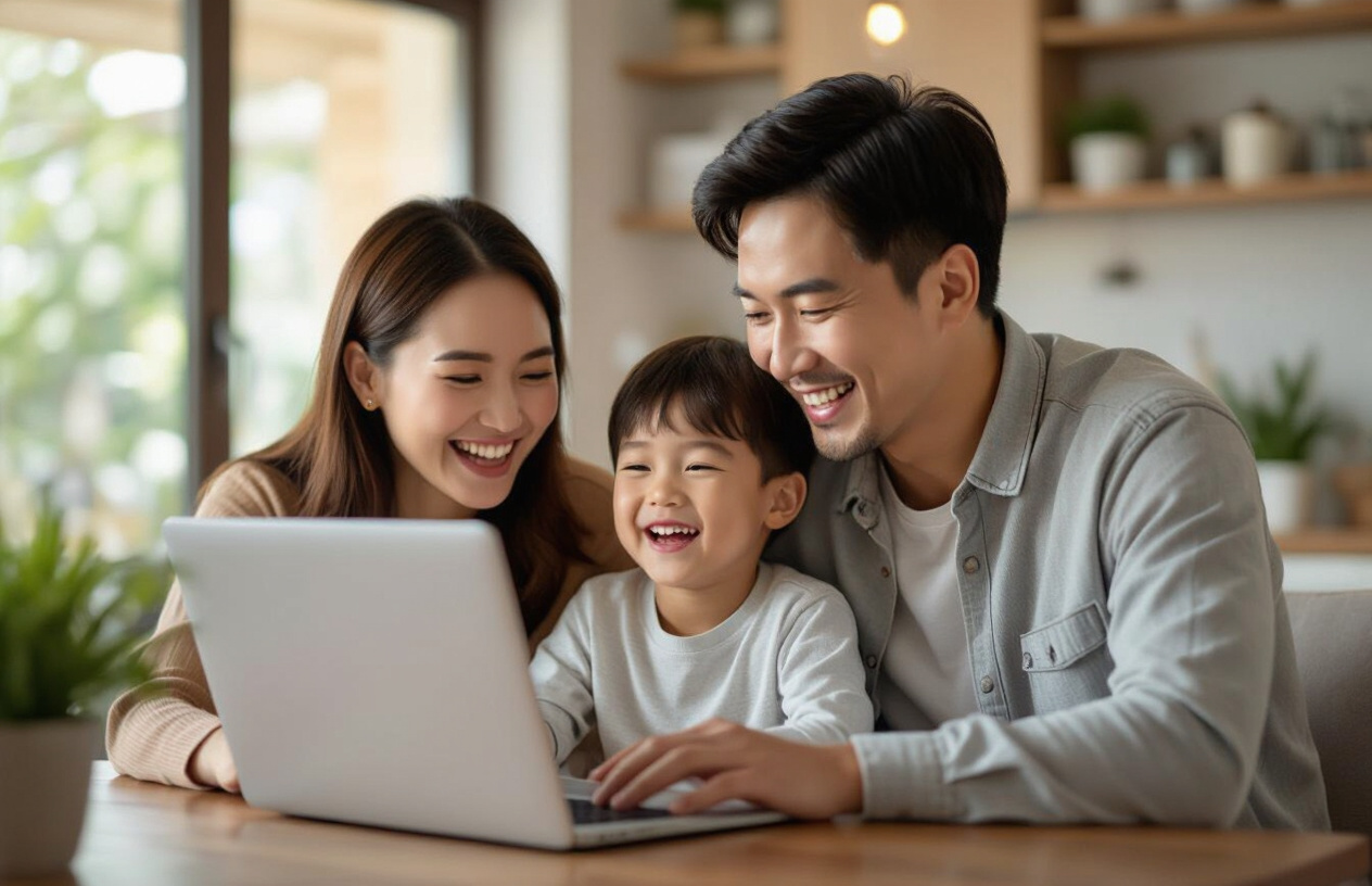 Gia Đình Việt Nam Vui Vẻ Sử Dụng Máy Tính Sau Khi Được Xử Lý Mã Độc, Hoạt Động Mượt Mà.