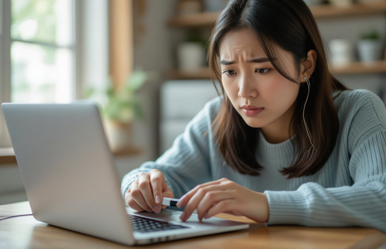 Người Phụ Nữ Việt Nam Đang Cắm Usb Vào Laptop, Biểu Cảm Hơi Lo Lắng