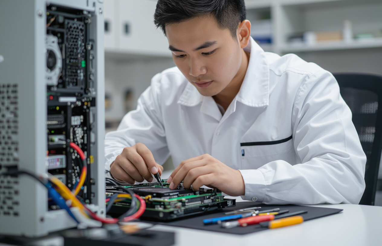 Kỹ Thuật Viên Máy Tính Bến Tre Đang Kiểm Tra Mainboard Máy Tính Bị Lỗi Nguồn.