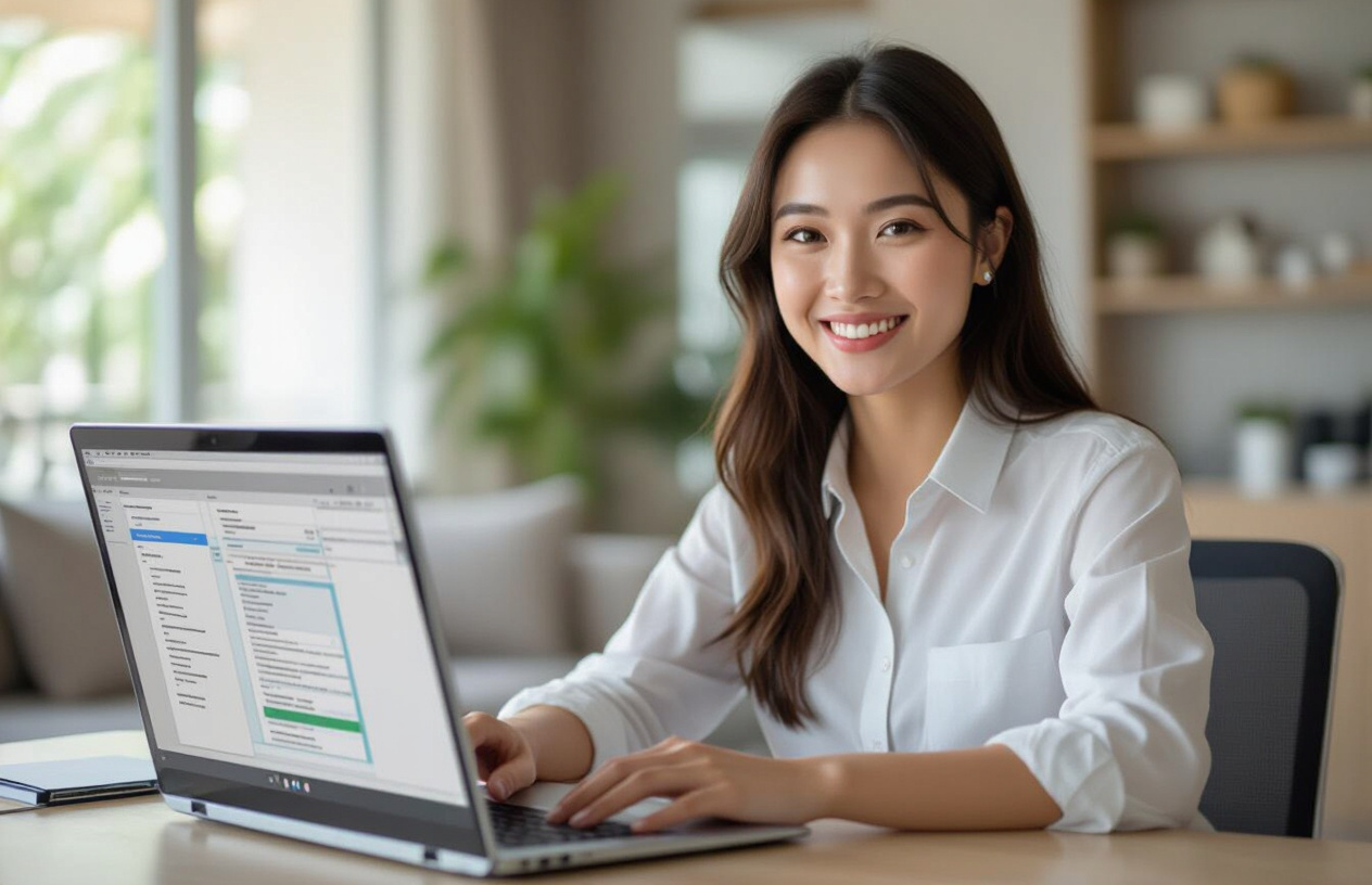 Một Người Phụ Nữ Việt Nam Trẻ Tuổi Đang Vui Vẻ Sắp Xếp Các Tệp Tin Trên Laptop Của Mình, Thể Hiện Sự Dễ Dàng Và Tiện L