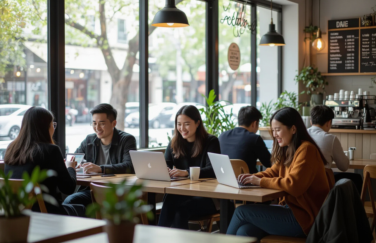 Khách Hàng Việt Nam Vui Vẻ Sử Dụng Wifi Mạnh Mẽ Trong Quán Cafe Hiện Đại.