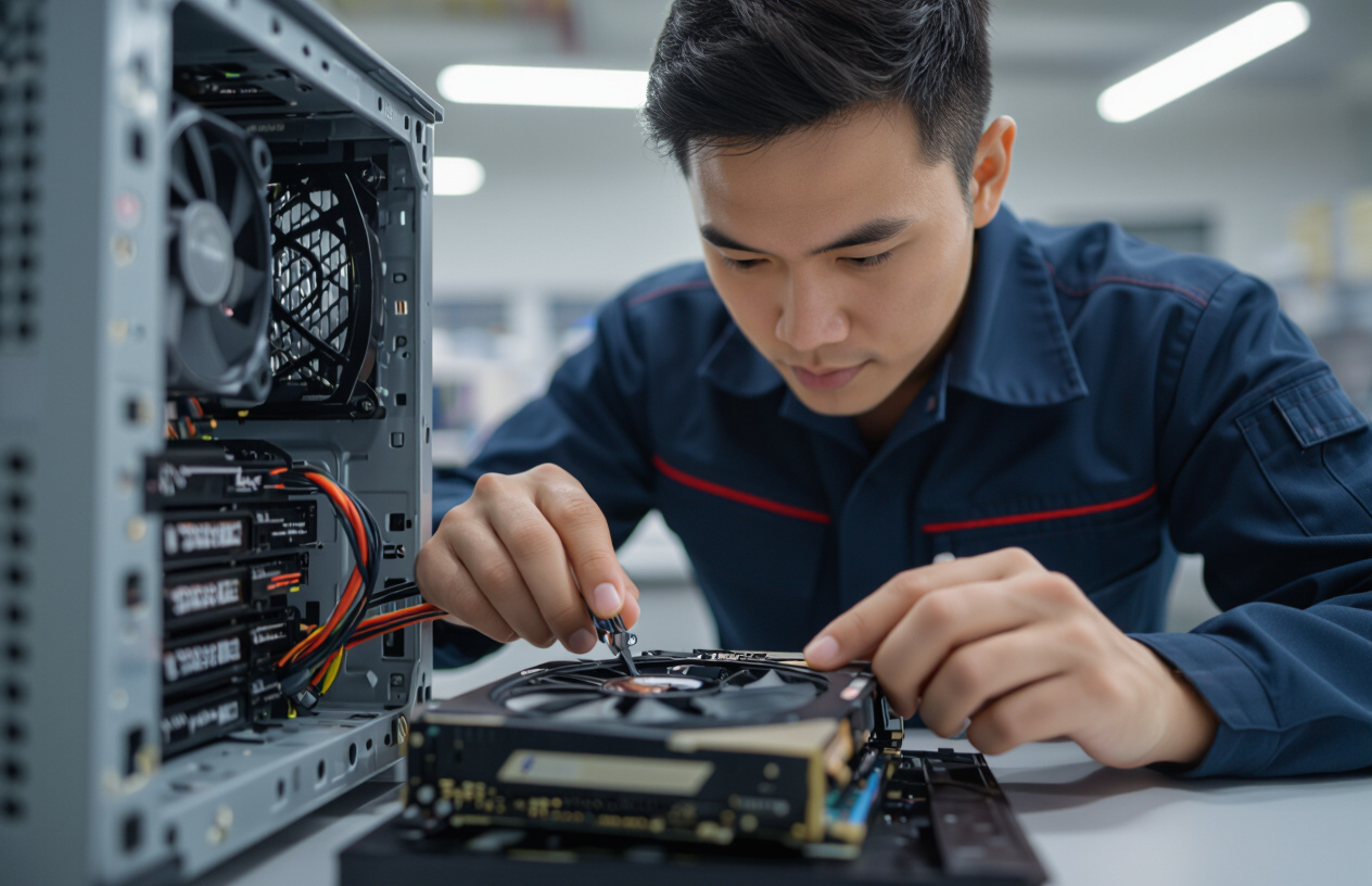 Kỹ Thuật Viên Việt Nam Đang Lắp Đặt Card Đồ Họa Mới Vào Máy Tính Để Bàn.