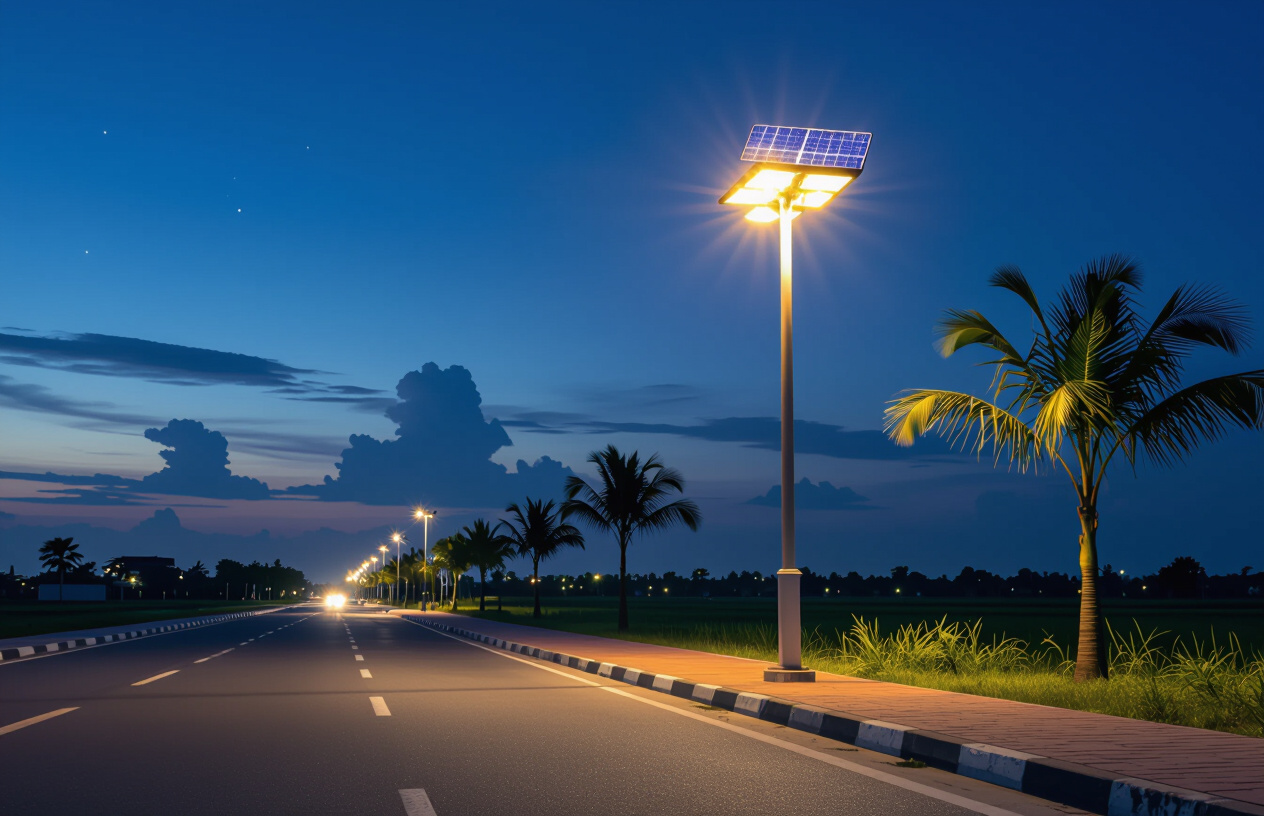 Đèn Đường Năng Lượng Mặt Trời Chiếu Sáng Cảnh Quan Bến Tre Vào Ban Đêm