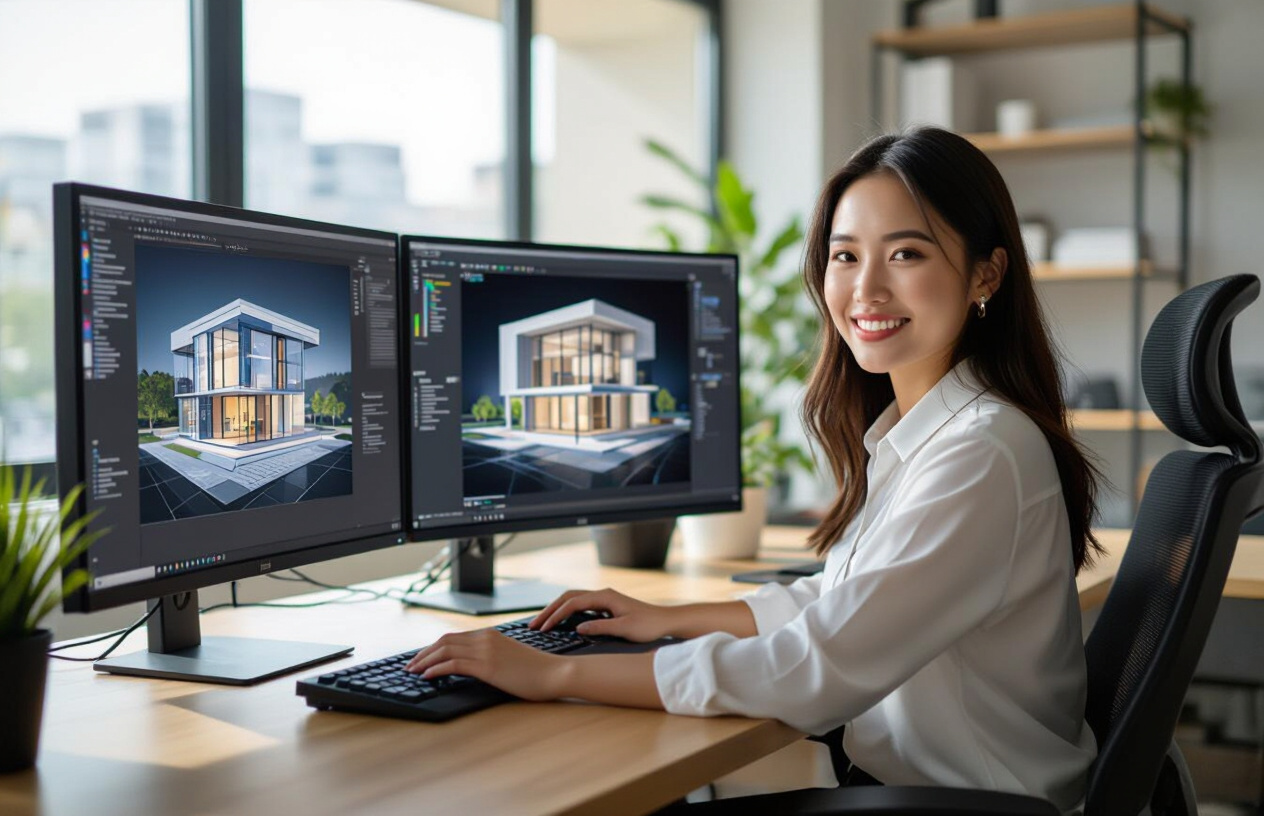 Nữ Kiến Trúc Sư Việt Nam Trẻ Đang Làm Việc Trên Máy Tính Cấu Hình Cao Với Màn Hình Kép, Phần Mềm Thiết Kế 3D, Trong Vă
