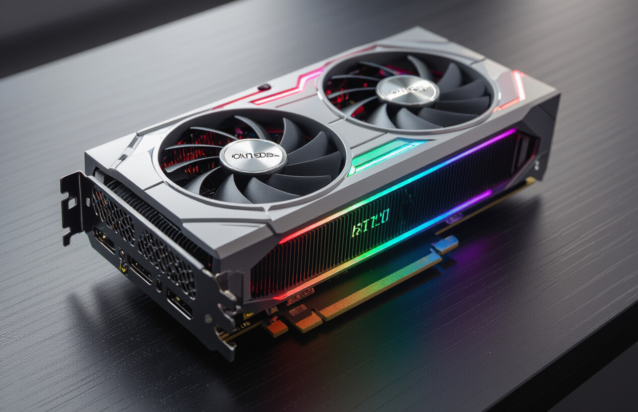 Cận Cảnh Một Card Đồ Họa Nvidia Rtx 40-Series Hiện Đại Với Các Quạt Tản Nhiệt Lớn Và Dải Đèn Led Rgb Tinh Tế, Đặt Trên