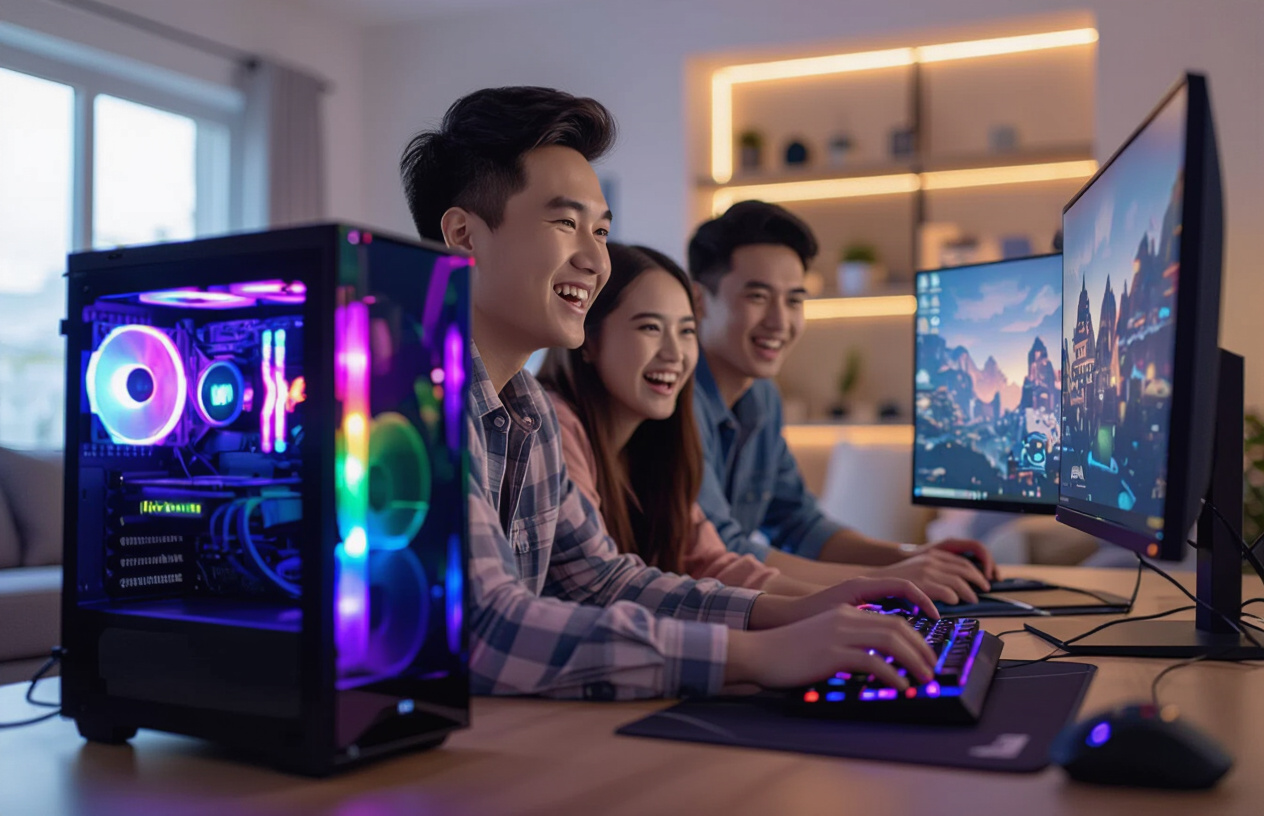 Một Nhóm Bạn Trẻ Việt Nam (Nam Và Nữ) Vui Vẻ Đang Cùng Nhau Chơi Game Trên Một Bộ Máy Tính Pc Hiện Đại Với Màn Hình Lớ
