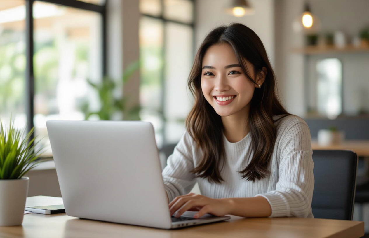 Một Người Phụ Nữ Trẻ Tươi Cười Sử Dụng Laptop Với Tốc Độ Nhanh Chóng Sau Khi Nâng Cấp Ssd