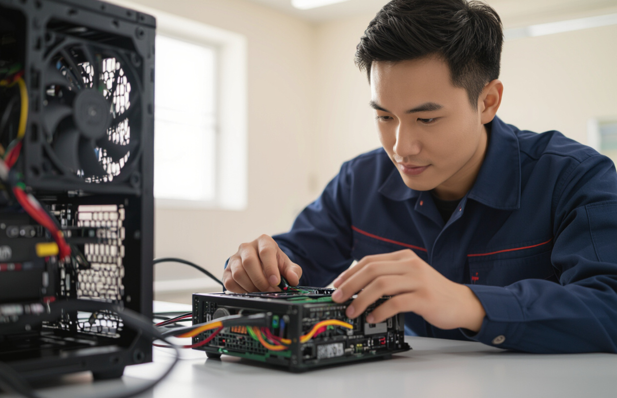 Kỹ Thuật Viên Máy Tính Bến Tre Đang Kiểm Tra Nguồn Máy Tính Cho Khách Hàng Ở Bến Tre.