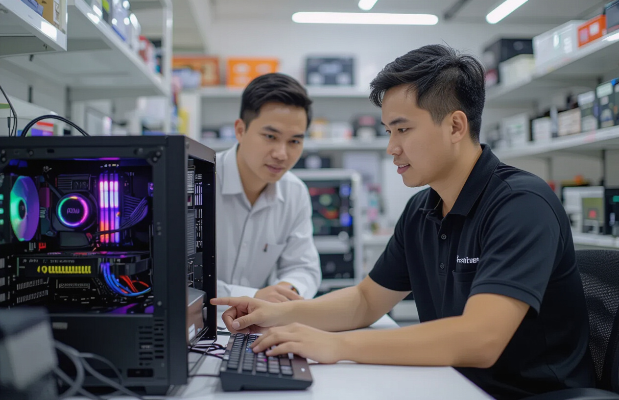 Kỹ Thuật Viên Máy Tính Bến Tre Đang Tư Vấn Nâng Cấp Nguồn Cho Khách Hàng.