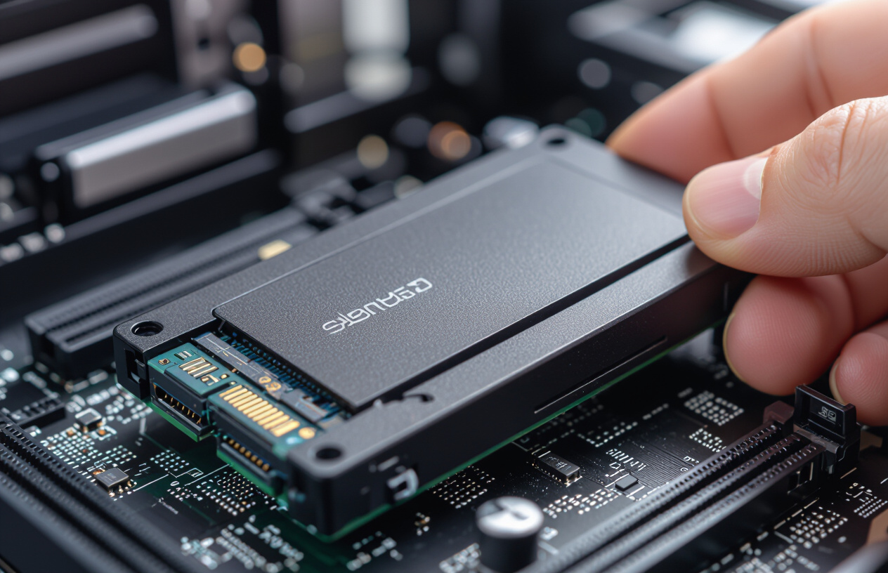 Cận Cảnh Một Ổ Cứng Ssd Màu Bạc Hoặc Đen Với Logo Thương Hiệu Nổi Bật, Nằm Trên Bo Mạch Chủ Của Máy Tính.