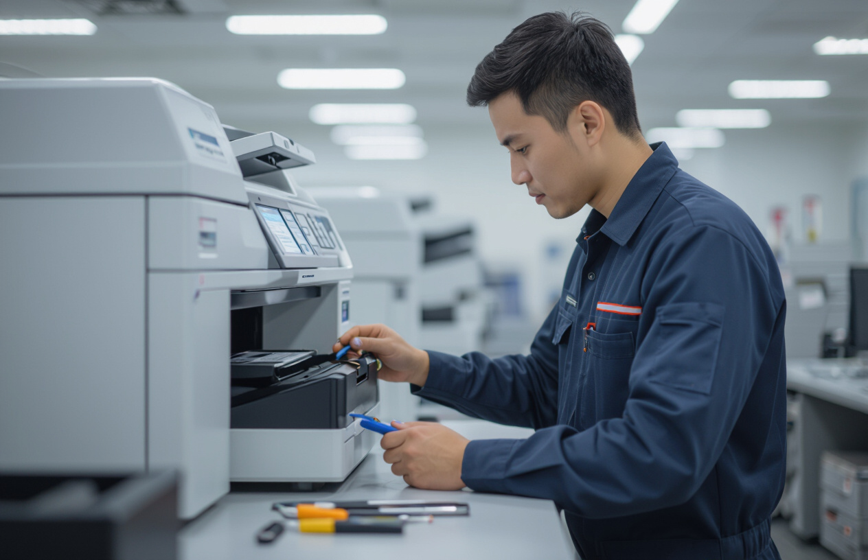 Kỹ Thuật Viên Máy Tính Bến Tre Đang Kiểm Tra Và Nạp Mực Máy Photocopy Tại Văn Phòng Khách Hàng.