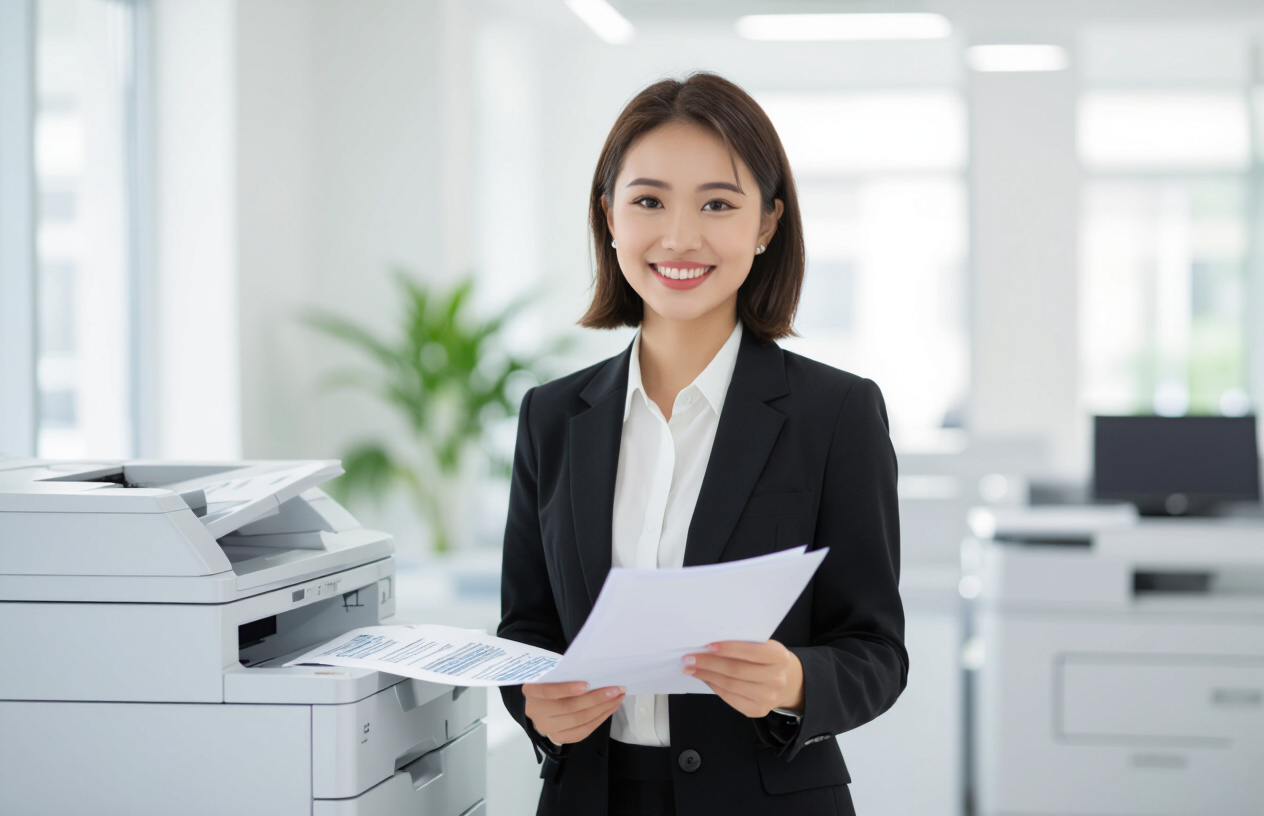 Một Nữ Nhân Viên Văn Phòng Việt Nam Vui Vẻ, Hài Lòng Khi Sử Dụng Máy Photocopy Vừa Được Nạp Mực.