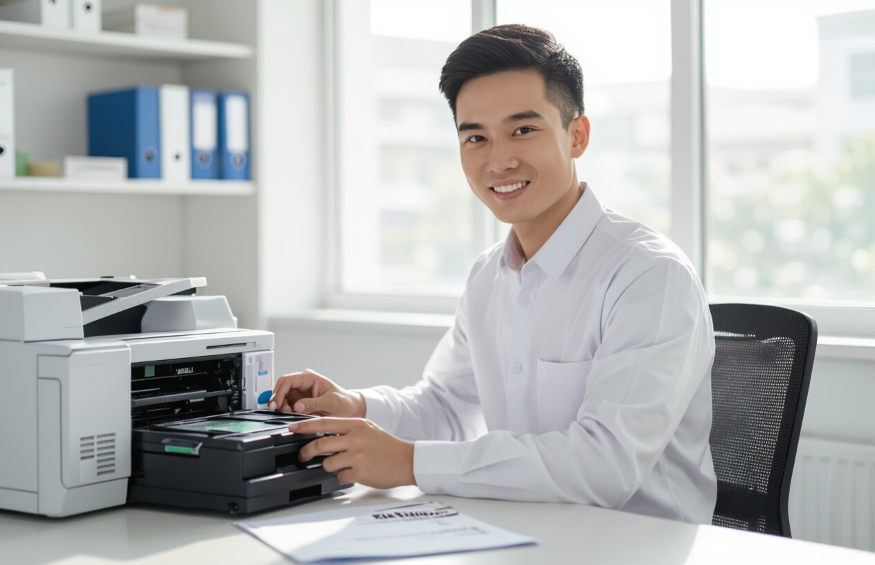 Kỹ Thuật Viên Máy Tính Bến Tre Kiểm Tra Máy In Tại Văn Phòng Khách Hàng.