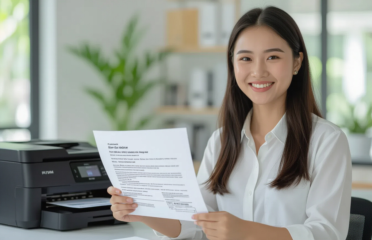 Hình Ảnh Một Người Phụ Nữ Việt Nam Tươi Cười Đang Kiểm Tra Bản In Sắc Nét Từ Máy In Pantum P2506W Vừa Được Đổ Mực, Thể