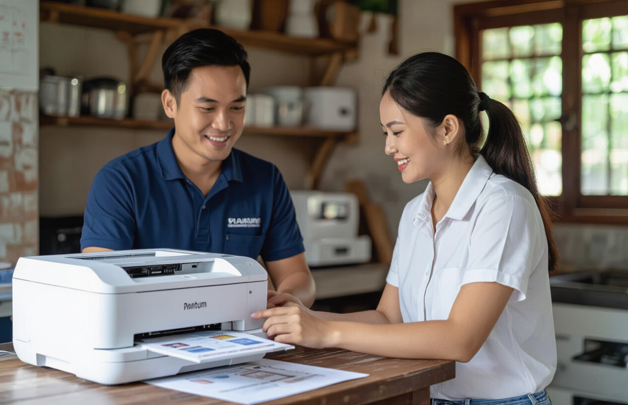 Một Kỹ Thuật Viên Máy Tính Bến Tre Đang Hướng Dẫn Khách Hàng Cách Vệ Sinh Máy In Cơ Bản Sau Khi Đổ Mực, Thể Hiện Sự Tậ