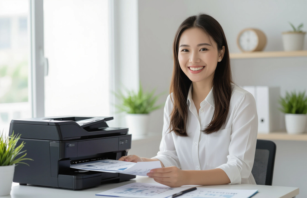 Một Người Phụ Nữ Việt Nam Vui Vẻ, Thoải Mái Khi Máy In Hoạt Động Trơn Tru Sau Khi Được Đổ Mực.