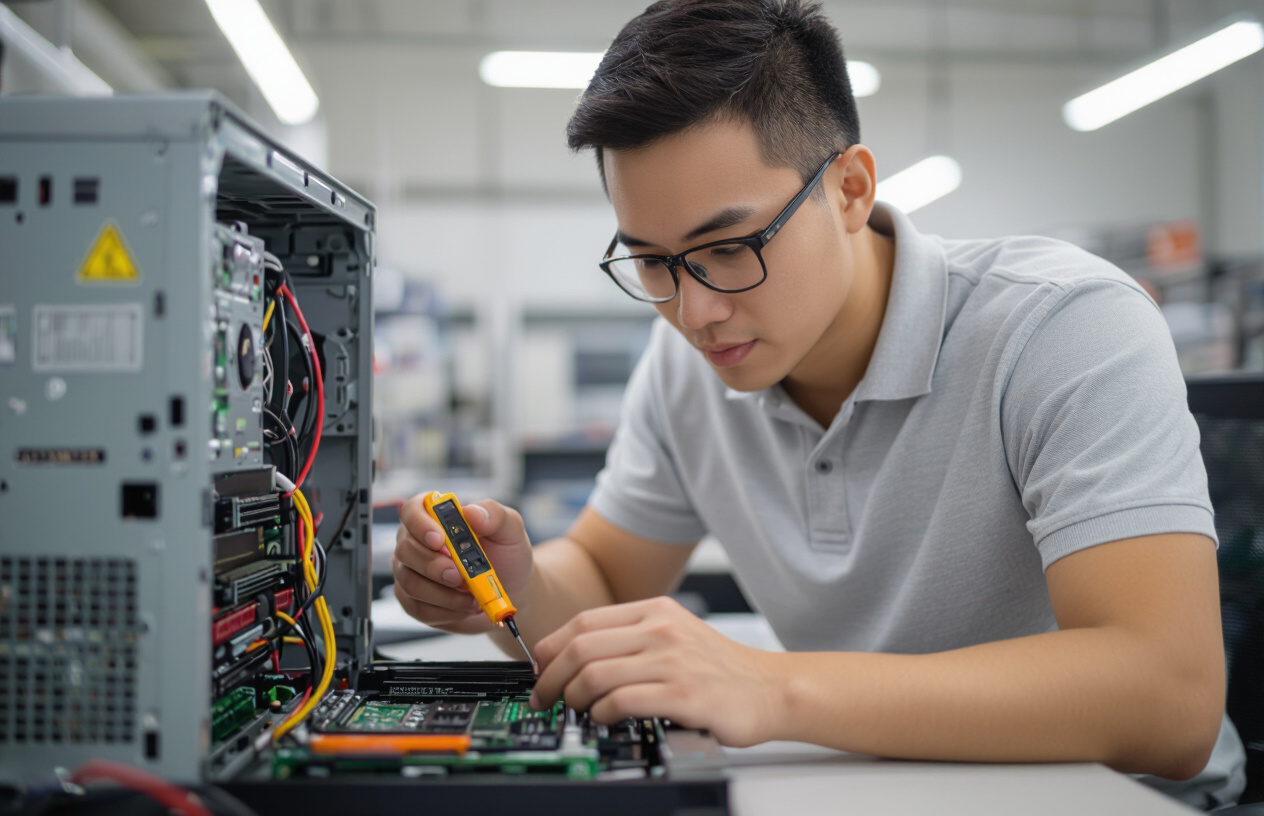 Kỹ Thuật Viên Maytinhbentre.Com Đang Kiểm Tra Pc Bằng Thiết Bị Chuyên Dụng