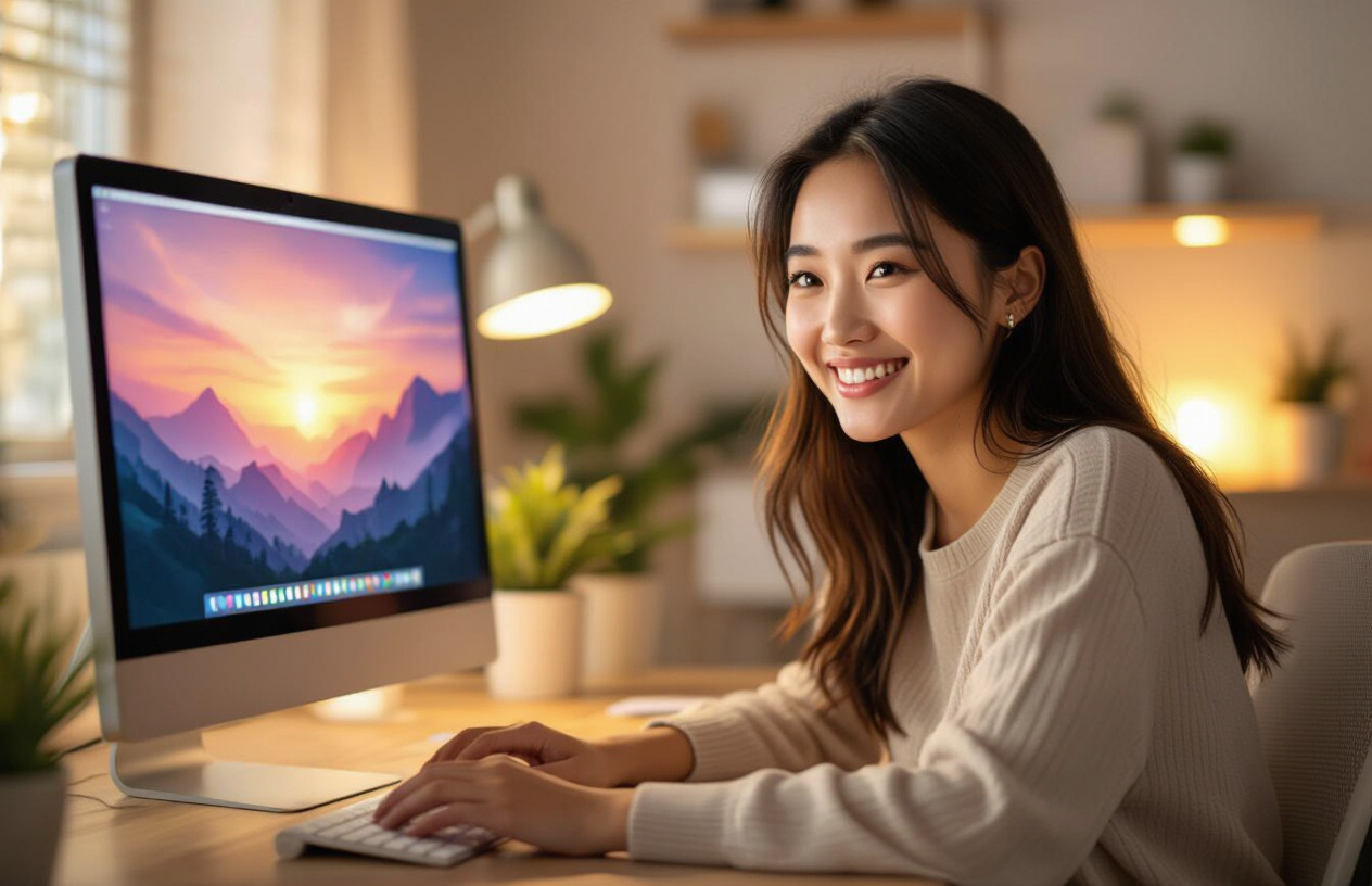 Một Người Phụ Nữ Trẻ Mỉm Cười Hài Lòng Bên Chiếc Pc Đã Hoạt Động